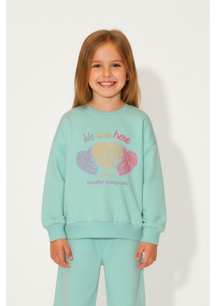 Kız Çocuk %100 Pamuk Kalp Desenli Bisiklet Yaka Trend Sweatshirt - 1022S