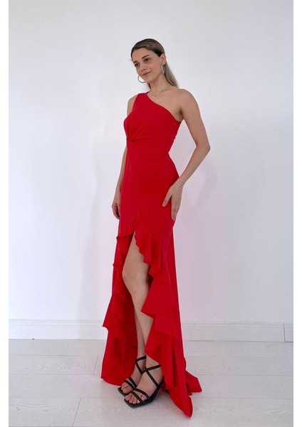 Kırmızı Yırtmaçlı Volanlı Elbise fiyatları
