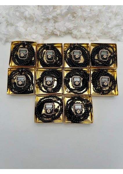 10 Adet Hediyelik Çeyizlik Gold Kutulu Tesbih ve Taşlı Zikirmatik Seti ( Mevlit-Sünnet-Hac-Umre)