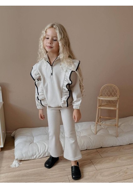 Kız Çocuk Yaka Fermuarlı Fitilli Ispanyol Paça Takım