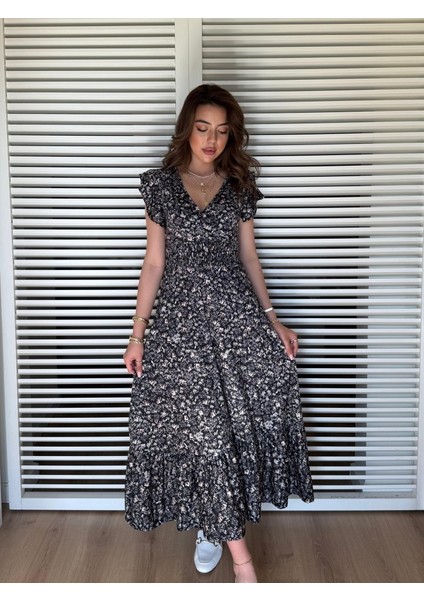 Kadın Kısa Kollu Kruvaze Yaka Beli Lastikli Çiçek Desenli Elbise modelleri