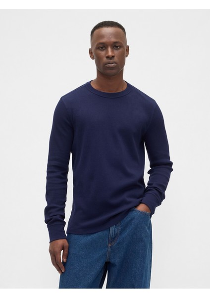 Erkek Lacivert Waffle-Knit Bisiklet Yaka T-Shirt