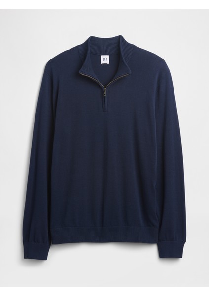 Erkek Lacivert Relaxed Yarım Fermuarlı Mockneck Kazak modelleri