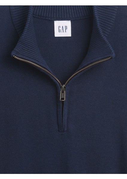 Erkek Lacivert Relaxed Yarım Fermuarlı Mockneck Kazak fırsatları