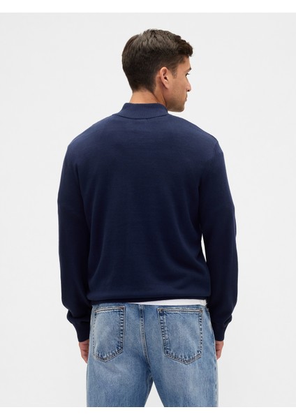 Erkek Lacivert Relaxed Yarım Fermuarlı Mockneck Kazak
