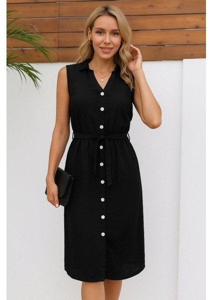 Kadın Sıfır Kollu Hakim Yaka Önden Düğmeli Belden Kuşaklı Ithal Keten Elbise