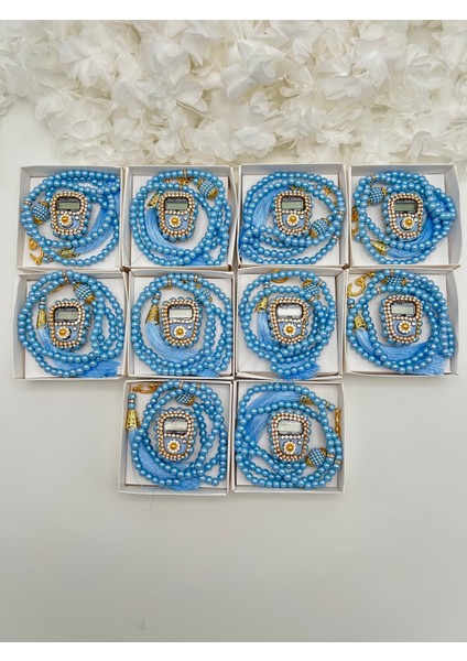 10 Adet Hediyelik Çeyizlik Kutulu Tesbih ve Taşlı Zikirmatik Seti ( Mevlit-Sünnet-Hac-Umre)