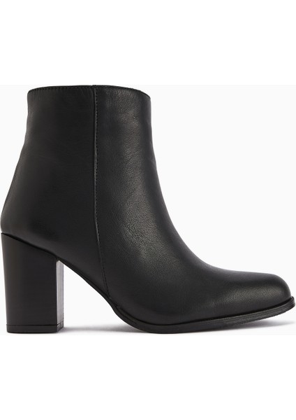 Teres Hakiki Deri Siyah Topuklu Kadın Bot