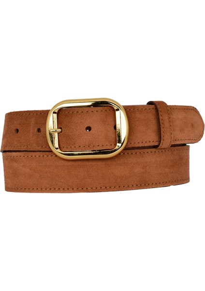%100 Hakiki Deri, Gold Tokalı 4 cm Tarçın Süet Kadın Kemeri; Kot, Spor Kemer=süet.44.tarçın