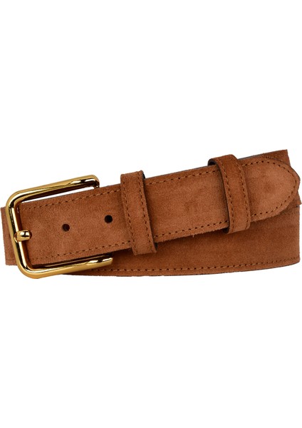 %100 Hakiki Deri, Gold Tokalı 4 cm Tarçın Süet Kadın Kemeri; Kot, Spor Kemer=süet.76.tarçın