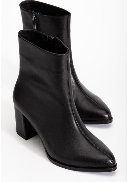 Siyah Hakiki Deri Önden Dikişli Fermuarlı Sivri Burun Özel Tasarım Premium Kadın Topuklu Bot fırsatları