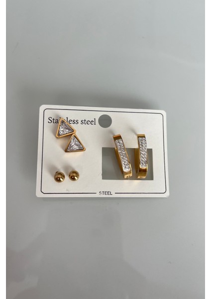 6'lı Işıltılı Geometrik Paslanmaz Çelik Küpe Seti - Üçgen, Top ve Dikdörtgen Kombini