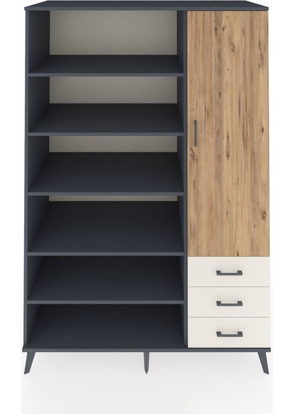 Kronos Dolap 9 Raflı 3 Çekmeceli Tek Kapaklı 132X59X195 Antrasit-Çam/aytaşı