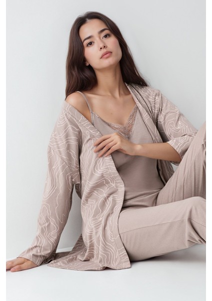 Kadın Modal Pamuklu Vizon Sabahlıklı Pijama Takımı QP9K0R9K9R