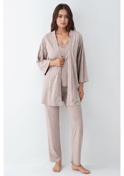 Kadın Modal Pamuklu Vizon Sabahlıklı Pijama Takımı QP9K0R9K9R fırsatları