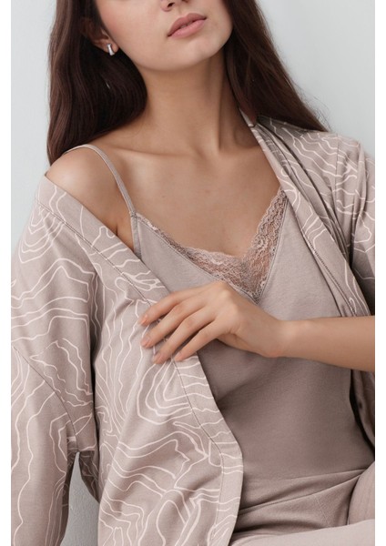 Kadın Modal Pamuklu Vizon Sabahlıklı Pijama Takımı QP9K0R9K9R indirimleri