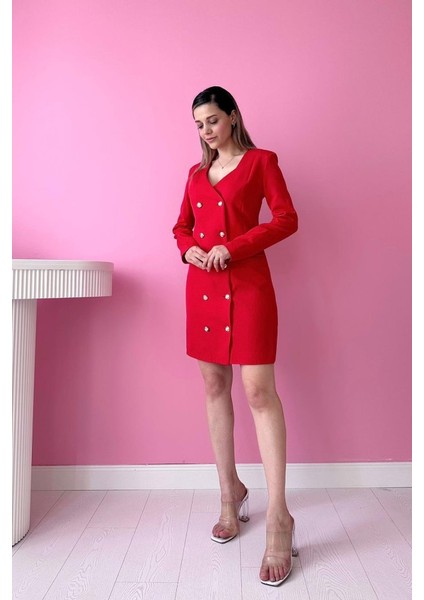 Kırmızı Gold Düğmeli Ceket Elbise fiyatları