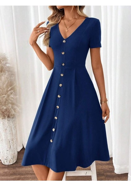 Kadın Kısa Kollu V Yakalı Önden Düğmeli A Kesim Dokuma Elbise