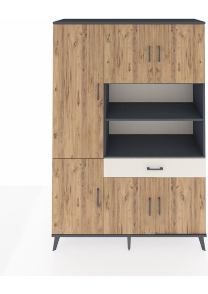Hyperion Dolap 10 Raflı Tek Çekmeceli 6 Kapaklı 132X44X195 Antrasit-Çam/aytaşı