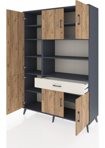 Hyperion Dolap 10 Raflı Tek Çekmeceli 6 Kapaklı 132X44X195 Antrasit-Çam/aytaşı modelleri