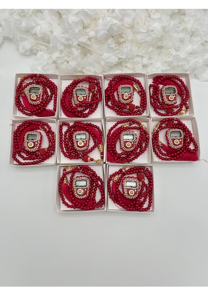 10 Adet Hediyelik Çeyizlik Kutulu Tesbih ve Taşlı Zikirmatik Seti ( Mevlit-Sünnet-Hac-Umre)