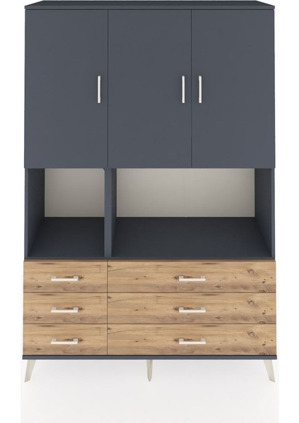 Hyperion Dolap 6 Raflı 6 Çekmeceli 3 Kapaklı 132X44X195 Antrasit-Antrasit/çam