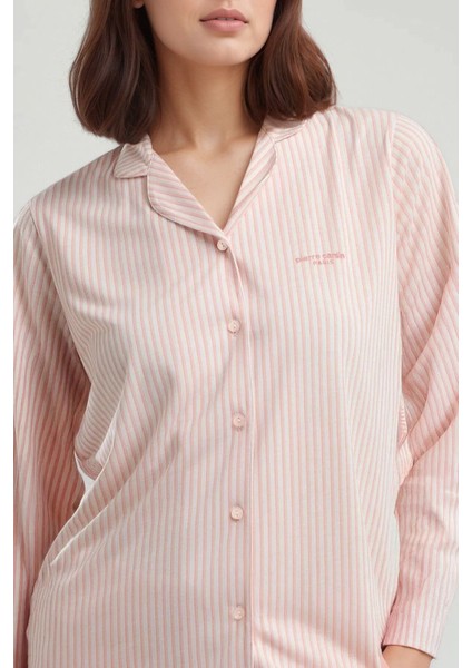 Kadın Pembe Çizgili Önden Patlı Uzun Kol Modal Pamuklu Pijama Takımı QP9K0R20CK