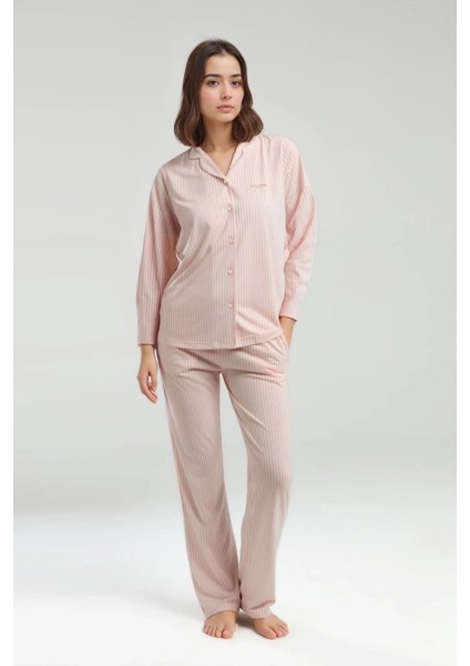 Kadın Pembe Çizgili Önden Patlı Uzun Kol Modal Pamuklu Pijama Takımı QP9K0R20CK fiyatları