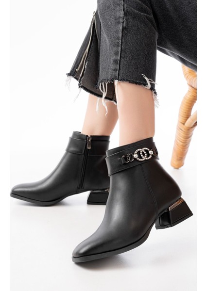 RM-502 Siyah Toka Aksesuarlı Topuklu Fermuarlı Günlük Kadın Bot fiyatları