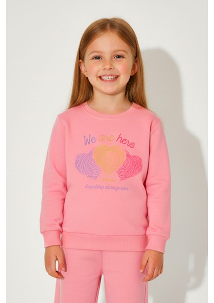 Kız Çocuk %100 Pamuk Kalp Desenli Bisiklet Yaka Trend Sweatshirt - 1022S