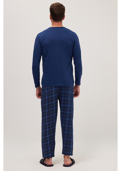 Erkek Regular Fit Pamuklu Düğmeli Yaka Beli Lastikli Desenli Indigo Pijama Takımı
