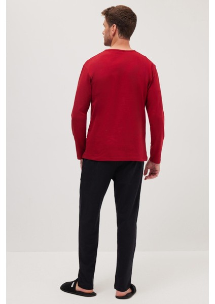 Erkek Standart Fit Normal Kesim %100 Pamuk Bisiklet Yaka Beli Lastikli Siyah Pijama Takımı
