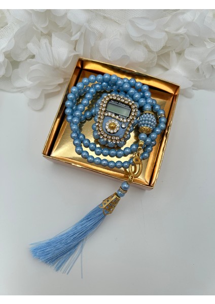 1 Adet Hediyelik Çeyizlik Gold Kutulu Tesbih ve Taşlı Zikirmatik Seti ( Mevlit-Sünnet-Hac-Umre)