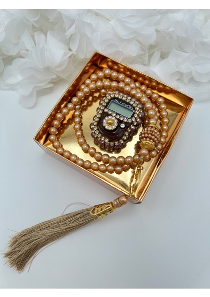 1 Adet Hediyelik Çeyizlik Gold Kutulu Tesbih ve Taşlı Zikirmatik Seti ( Mevlit-Sünnet-Hac-Umre)