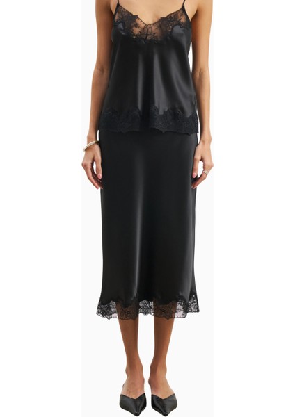 Satin Lace Detail Midi 90's Stil Flared Kadın Etek modelleri