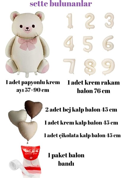 Krem Renk Papyonlu Ayı Doğum Günü Partisi Konsepti - Bej, Krem ve Çikolata Renk Kalp Balon-Yaş Günü fiyatları
