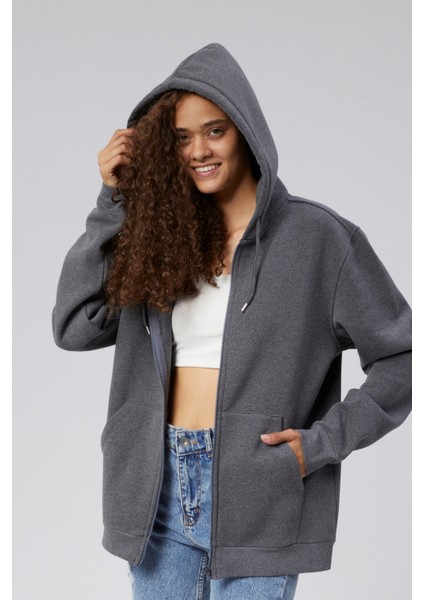 Mooncover Kadın Fermuarlı Kapşonlu Kanguru Cepli Sweatshirt