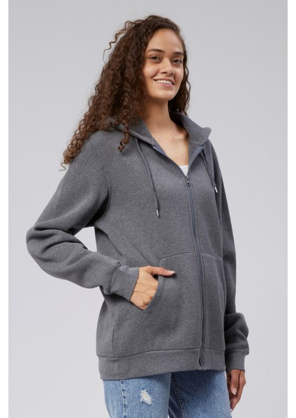 Mooncover Kadın Fermuarlı Kapşonlu Kanguru Cepli Sweatshirt