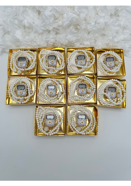 10 Adet Hediyelik Çeyizlik Gold Kutulu Tesbih ve Taşlı Zikirmatik Seti ( Mevlit-Sünnet-Hac-Umre)