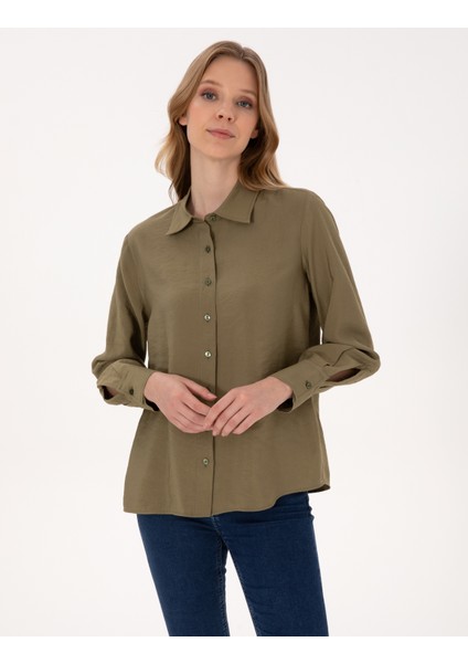 Kadın Haki Comfort Fit Uzun Kollu Gömlek 50318219-VR027