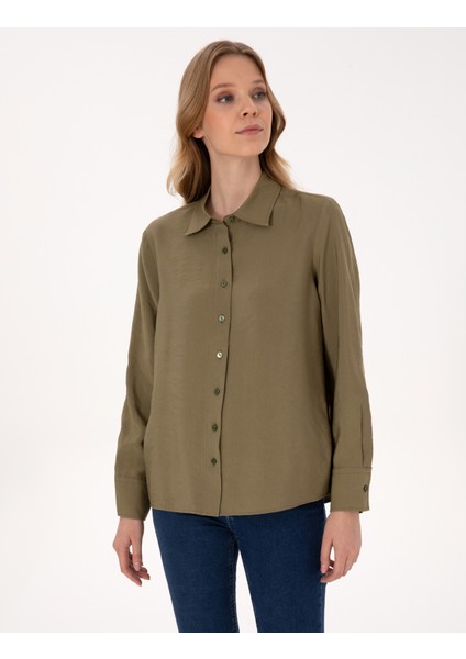Kadın Haki Comfort Fit Uzun Kollu Gömlek 50318219-VR027 modelleri