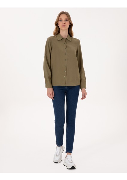 Kadın Haki Comfort Fit Uzun Kollu Gömlek 50318219-VR027 fırsatları