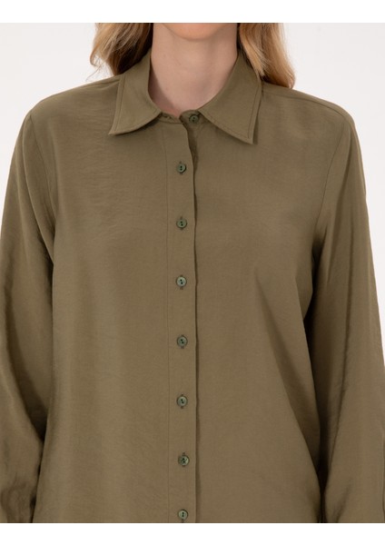 Kadın Haki Comfort Fit Uzun Kollu Gömlek 50318219-VR027