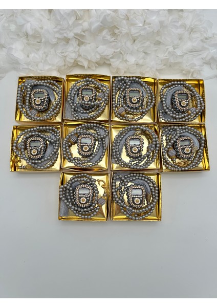 10 Adet Hediyelik Çeyizlik Gold Kutulu Tesbih ve Taşlı Zikirmatik Seti ( Mevlit-Sünnet-Hac-Umre)