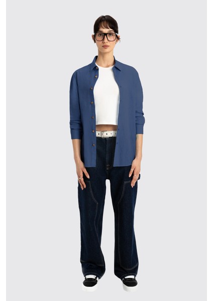 Lacivert Uzun Kollu Kadın Keten Gömlek