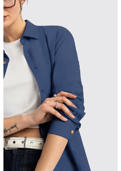 Lacivert Uzun Kollu Kadın Keten Gömlek fiyatları