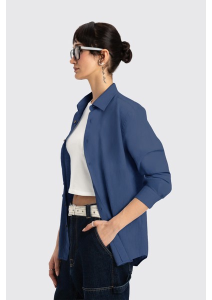 Lacivert Uzun Kollu Kadın Keten Gömlek modelleri