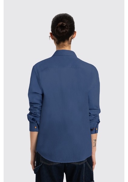 Lacivert Uzun Kollu Kadın Keten Gömlek fırsatları