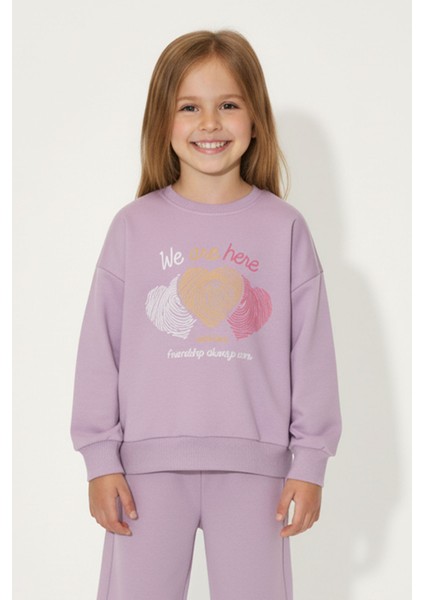 Kız Çocuk %100 Pamuk Kalp Desenli Bisiklet Yaka Trend Sweatshirt - 1022S
