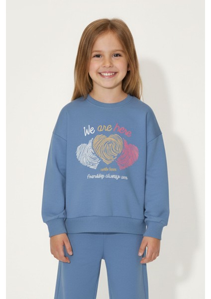 Kız Çocuk %100 Pamuk Kalp Desenli Bisiklet Yaka Trend Sweatshirt - 1022S